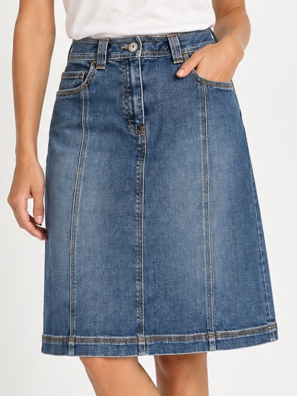 Talbots Denim Midi Skirt Size 6 Stretch A-Line Utility Pockets